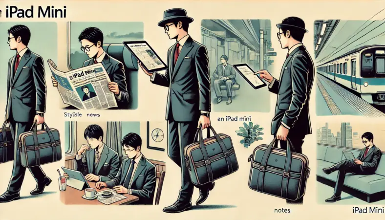 スタイリッシュな日本人がiPad miniをスリムなバッグに入れて通勤している様子と、電車でニュースを読んだり、カフェで地図を確認したり、ホテルでメモを取ったりするシーンが描かれたイラスト。外出先でiPadを活用する様子を表現している。