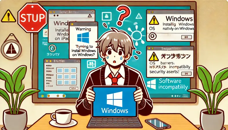 iPadにWindowsをインストールしようとして、互換性エラーや警告に困惑する日本人ユーザーを描いたイラスト。背景にはOSの壁やセキュリティ問題を象徴するアイコンが描かれ、iPadにWindowsを入れることの難しさが表現されている。