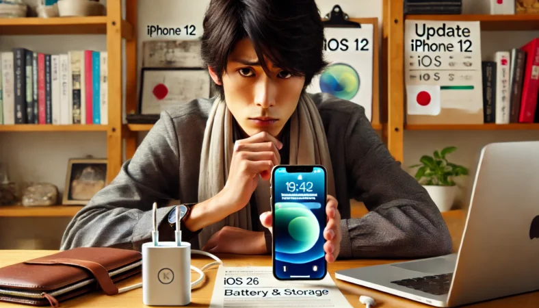 iPhone 12を手にして悩んでいる日本人ユーザーが、自宅の作業スペースでアップデートを躊躇している様子。机の上にはノートパソコンやワイヤレス充電器があり、端末のバッテリーや容量に不安を感じている場面。