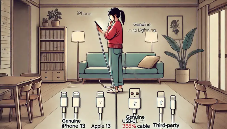 日本人のユーザーが自宅でiPhone13と2本の充電ケーブルを比較しており、純正のUSB-C to Lightningケーブルは安定しており、もう一方のサードパーティ製ケーブルは不安定な印象を与える様子を描いたイラスト。