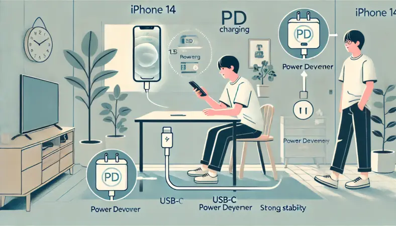自宅でiPhone14を使用している日本人のユーザーが、USB-C PD対応充電器を使って安定した高速充電を受けており、安心した表情を見せている様子のイラスト。