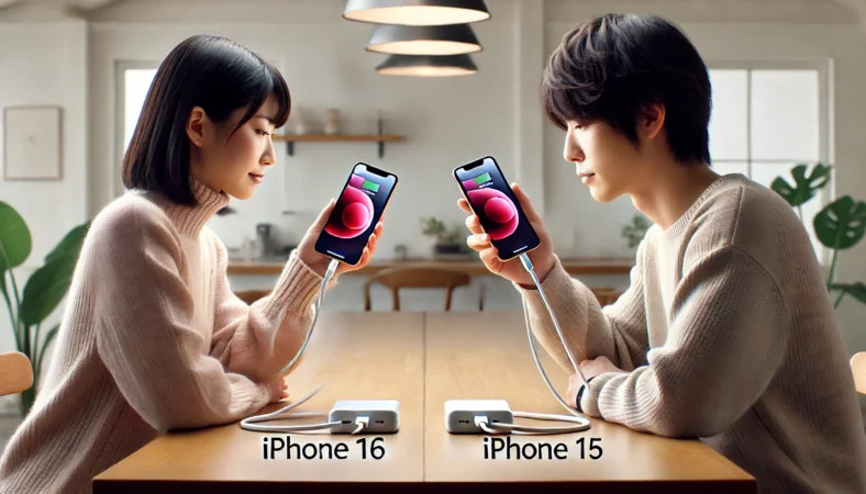 日本人の2人がiPhone15とiPhone16を並べて充電動作を比較している様子。共通のUSB-Cケーブルと充電器を使用し、設定や挙動の違いを確認している。