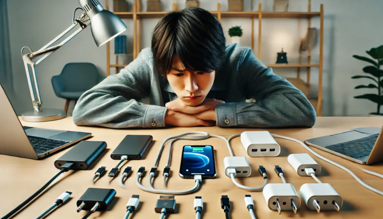 日本人男性が複数のUSB-Cケーブルと充電器を比較しながら、iPhone16の充電不具合を確認している様子。整頓されたデスクでトラブルの原因を探る場面。