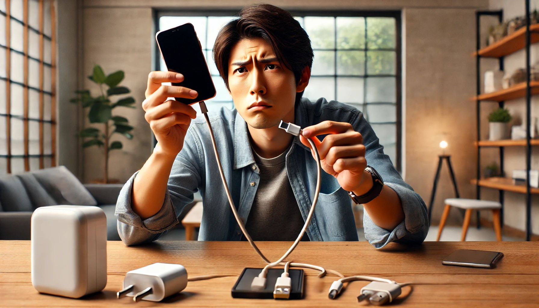 充電できないiPhone16を手に持ち、USB-Cケーブルを確認しながら困惑する日本人男性の様子。デスク上には複数の充電器やケーブルが広がっており、トラブルシューティングの場面を再現している。