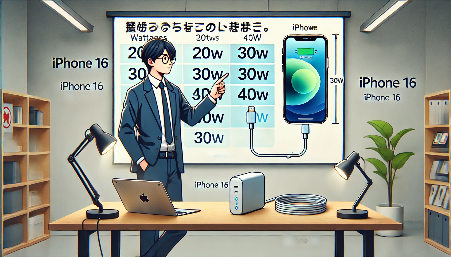 日本人のテクニカルサポート担当者が、iPhone16の急速充電に最適なワット数（20W・30W・45W）を解説しているイラスト。デスク上にiPhone16、USB-Cケーブル、30W充電器があり、専門的かつ安心感のあるシーン。