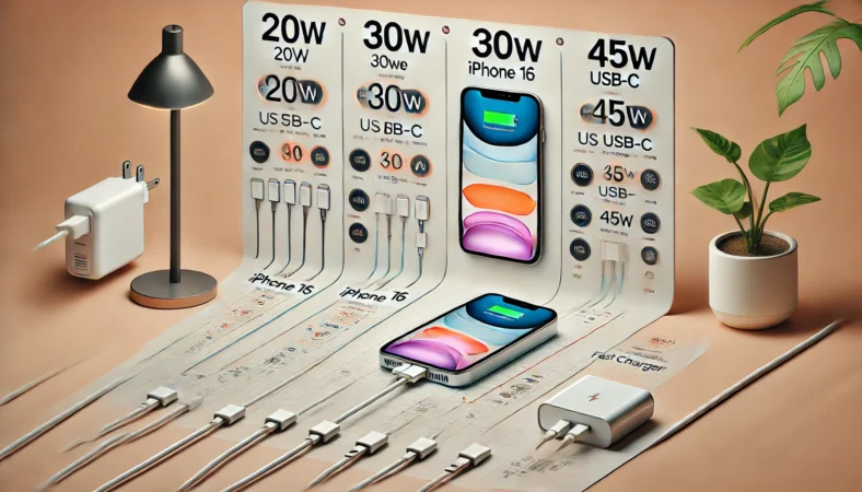 iPhone16の急速充電における20W・30W・45Wの比較チャートを示したイラスト。30Wが最適解として強調されており、日本人向けに分かりやすく構成された視覚的ガイド。
