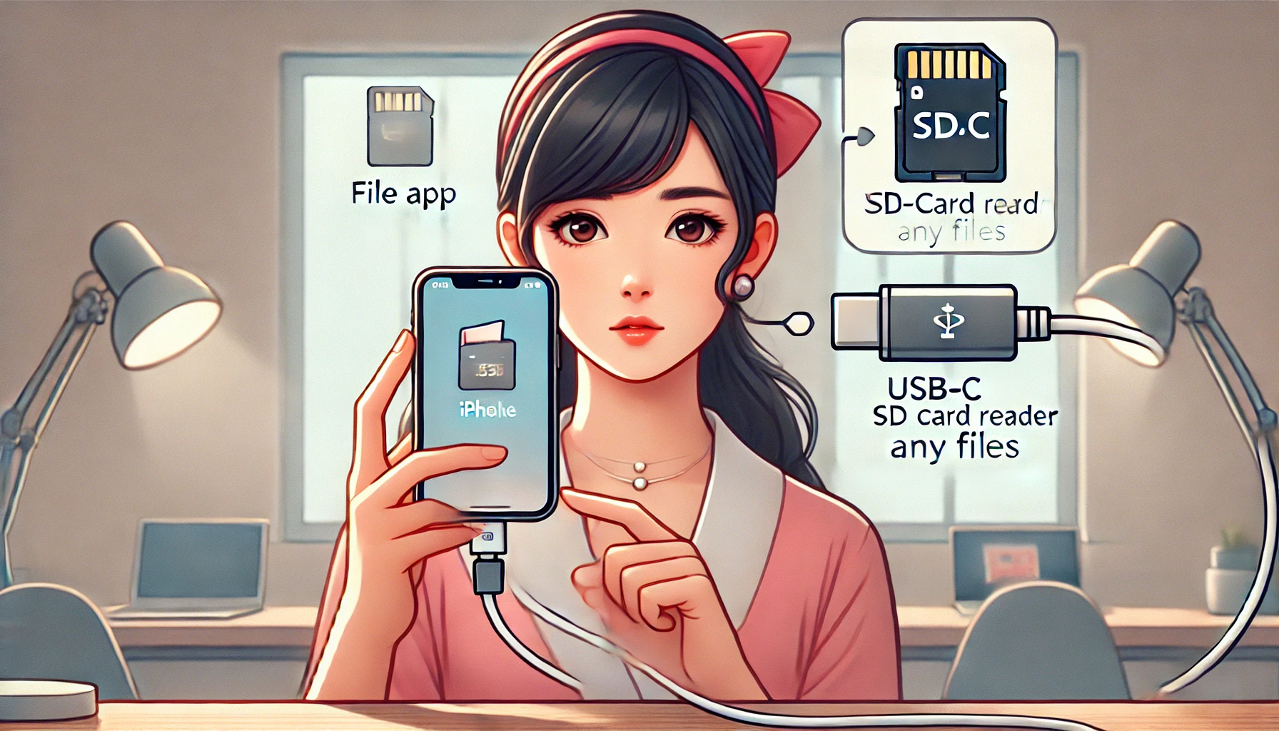 SDカードリーダーをiPhoneに接続するもファイルが表示されず困惑する日本人女性のイラスト。USB-C端子のiPhoneとSDカード、カードリーダー、写真・ファイルアプリのアイコンが描かれている室内シーン。
