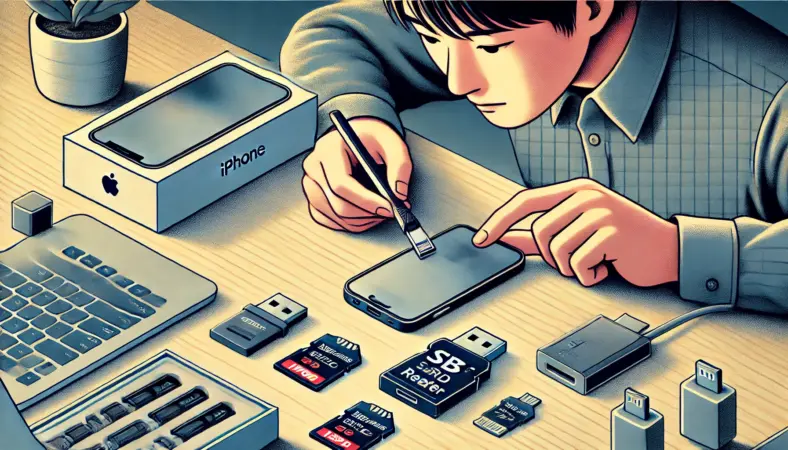 iPhoneのポート(USB-CかLightning)を確認しながら、SDカードリーダー使用の準備を進める日本人ユーザーのイラスト。デスク上にはiPhoneの箱、SDカード、各種アダプターが整然と並び、落ち着いた室内のテック環境で描かれている。