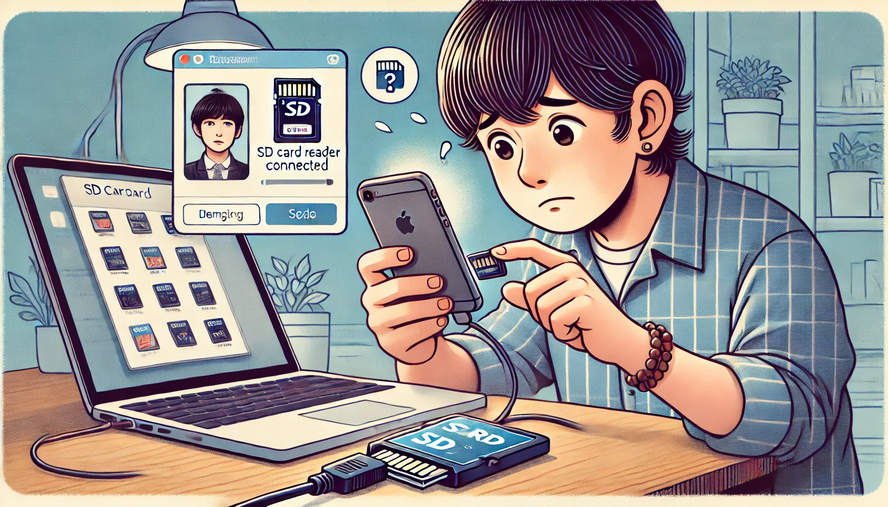 iPhoneにSDカードリーダーを接続しても認識されず、接続を確認しながら困惑する日本人ユーザーのイラスト。木製デスクの上にはノートPC、SDカード、カードリーダーがあり、落ち着いた屋内のテック環境で描かれている。