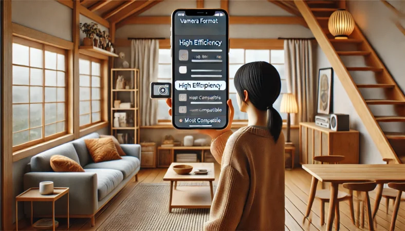 日本の現代的な室内で、iPhoneのカメラ設定を確認している日本人のイラスト。動画保存形式（高効率と互換性優先）を選択している様子が描かれ、自然光と木の家具に囲まれた落ち着いた雰囲気。