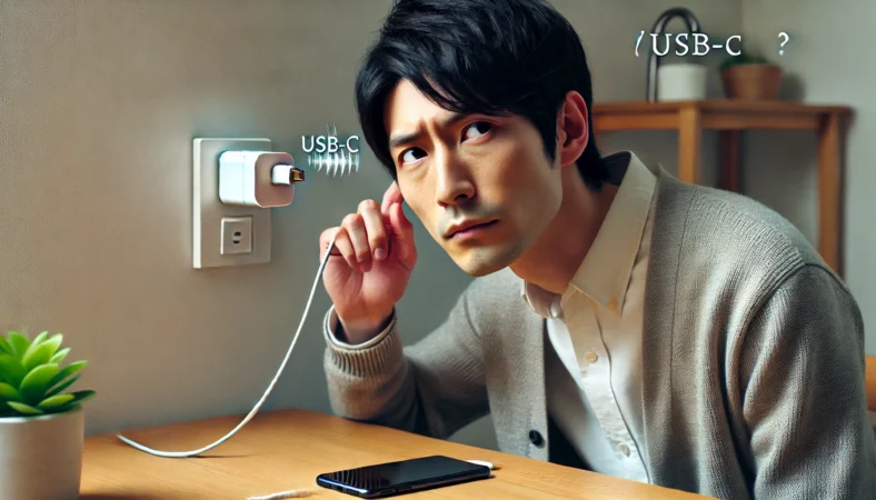 日本人の男性がiPhoneを充電中に、充電器から出るジーという音を確認するために耳を近づけている様子。静かな室内で、机と充電中のiPhoneが見える。