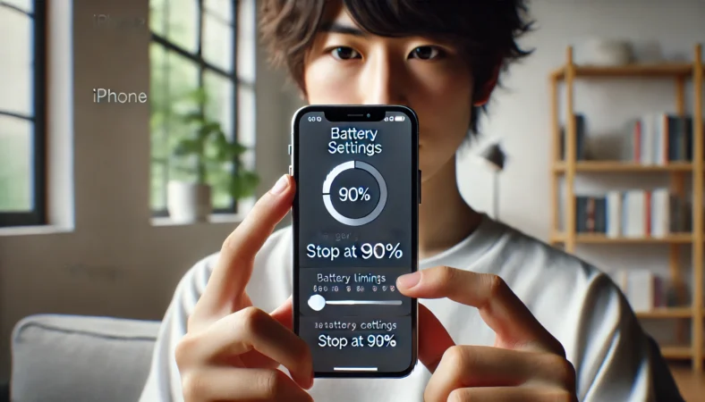iPhone 15のバッテリー設定画面で充電上限を90%に設定している日本人ユーザーの様子。モダンな室内環境でスマートに充電制御を行っている場面。