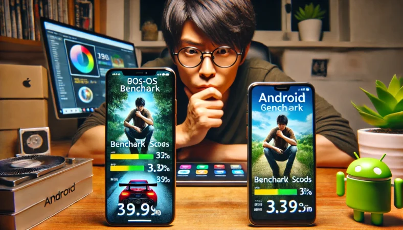 iPhoneとAndroidスマホのベンチマークスコアを比較しながら困惑する日本人男性。背後にはゲームと写真編集アプリが表示されたタブレットがあり、OSごとの体感差の難しさを象徴している。