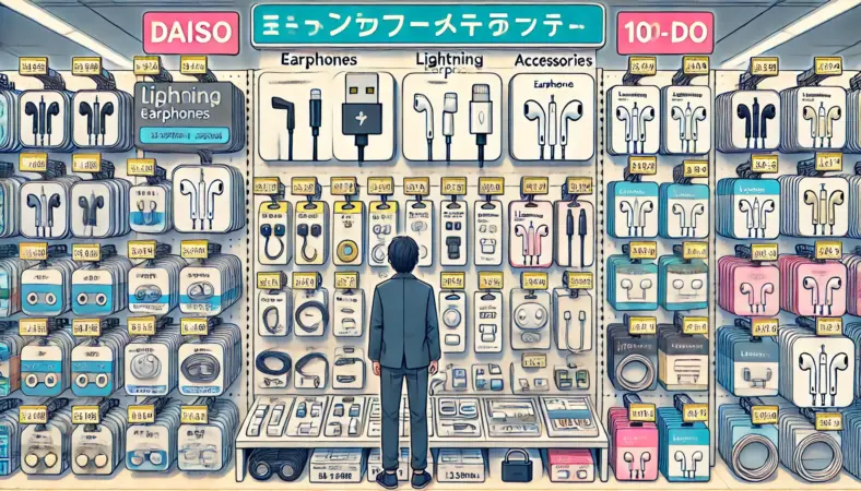 日本の100円ショップの店内で、Lightningイヤホンと3.5mmイヤホンを比較している日本人の顧客のイラスト。棚には各種イヤホンと変換アダプタが整然と並び、iPhoneユーザー向けのアクセサリが充実している様子が描かれている。