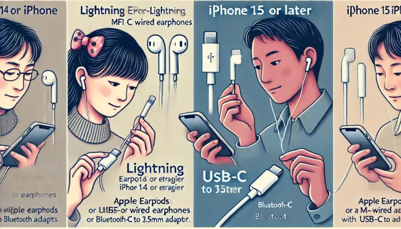 Lightning端子のiPhoneを持つ日本人ユーザーがEarPods（Lightning）を選び、USB-C端子のiPhoneを持つ別の日本人ユーザーがBluetoothイヤホンやUSB-C変換アダプタを検討している様子。テックに詳しい環境で、それぞれが自分のiPhone端子に合うイヤホンを確認して選んでいるイラスト。