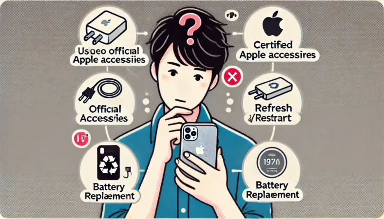 自宅でiPhoneの不調について考えている日本人のユーザーが、「純正アクセサリ使用」「再起動」「バッテリー交換」といったアドバイスを象徴するアイコンを見比べながら原因を見極めようとしている様子のイラスト。