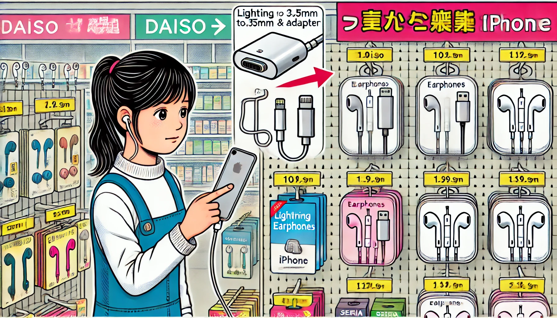 100円ショップでイヤホンと変換アダプタを探す日本人女性が、Lightning接続のiPhoneを使いながら商品を比較しているイラスト。Lightningから3.5mmイヤホンジャックへの接続方法も図示されている。明るい店内で、電子小物が陳列された棚が背景にある。