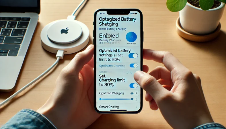 iPhoneのバッテリー設定画面で最適化充電と80%の充電上限を調整している日本人の手元。ワイヤレス充電スタンドのあるデスク上での操作。