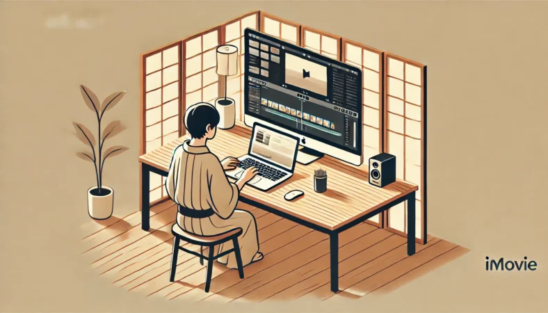 MacBookでiMovieを使い、MOV動画をカット編集してMP4形式で書き出している日本人のイラスト。温かい照明と和風の内装が特徴の落ち着いた作業環境が描かれている。
