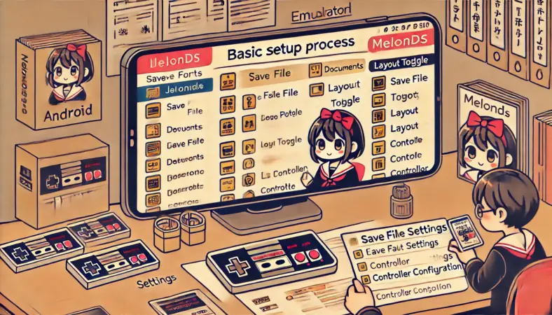 日本人のユーザーが、Androidスマートフォン上でmelonDSエミュレータの初期設定を行っている様子。デスク上にはデュアルスクリーンのエミュレータ画面とともに、保存先として「Documents」フォルダを選ぶ画面や、レイアウト切り替え・コントローラー設定のアイコンが視覚的に描かれている。整理された作業環境が設定プロセスの丁寧さを示している。