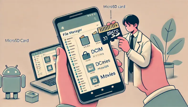 日本人ユーザーがAndroidスマートフォンにmicroSDカードを挿入し、ファイルマネージャーでDCIMやMoviesフォルダの写真・動画をコピーしてバックアップしている様子。安全なデータ退避を意識したイラスト。