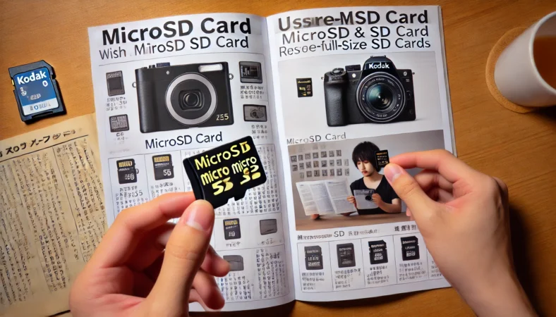 日本人の人物がmicroSDカードと変換アダプタ、フルサイズSDカードを手に持ち、違いを比較している。デスク上にはコダックFZ55と取扱説明書が置かれ、microSDの使用を避けるべき理由を伝える構図。