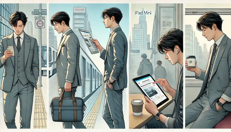 スタイリッシュな日本人男性が、出勤前にiPad miniをスリムなバッグへ収納し、電車で片手に持ってニュースを読み、カフェで地図を確認する様子が描かれたイラスト。都会的で軽快なモバイルライフを表現している。