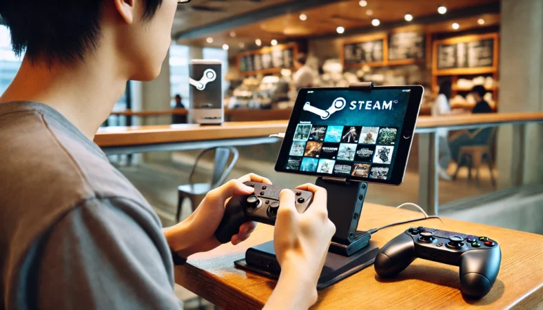 カフェのテーブルでiPad miniをスタンドに立て、モバイルバッテリーを接続しながらSteamゲームをプレイしている日本人ユーザーの様子。携帯性と快適性を意識したコンパクトなセットアップ。
