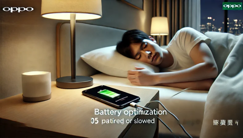 日本人ユーザーが夜の寝室でoppoスマートフォンの最適化充電を利用しながら就寝している様子。スマホはベッド横のテーブルでケーブル充電され、充電が制御されている静かな環境が描かれている。