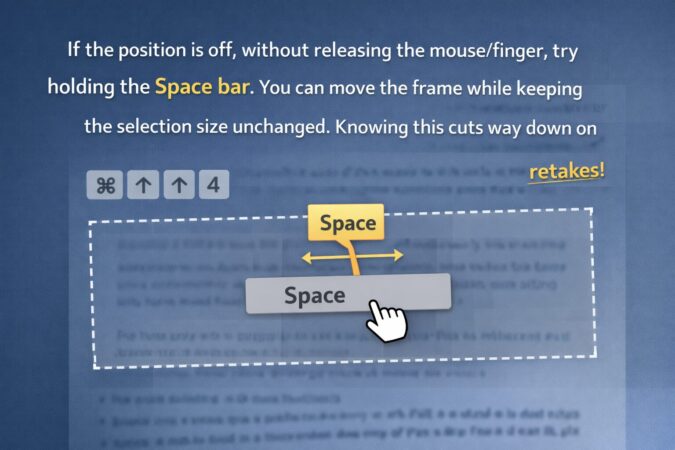 「⌘ + Shift + 4」で範囲を選択しながらSpaceキーで枠を動かしている様子