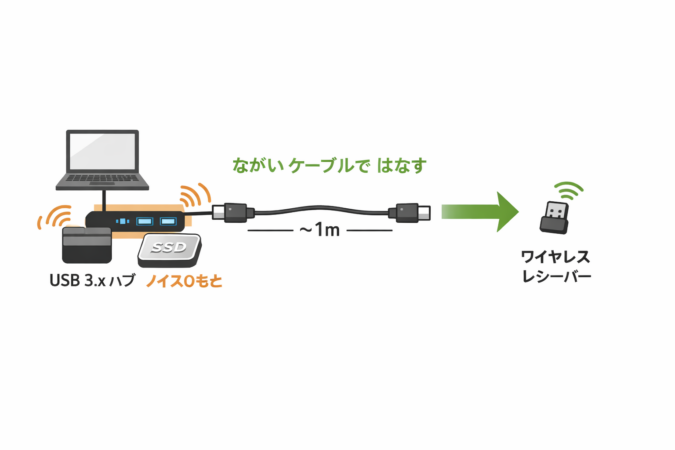 【対策イメージ】 ノイズ源（USB 3.2ポートハブ） ⇔ (延長ケーブルで離す) ⇔ 無線レシーバー