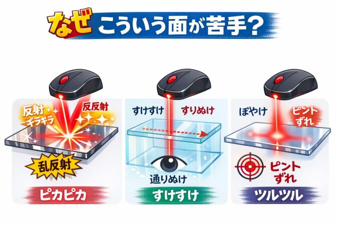 い面など、センサーが特徴を拾いにくい面です。