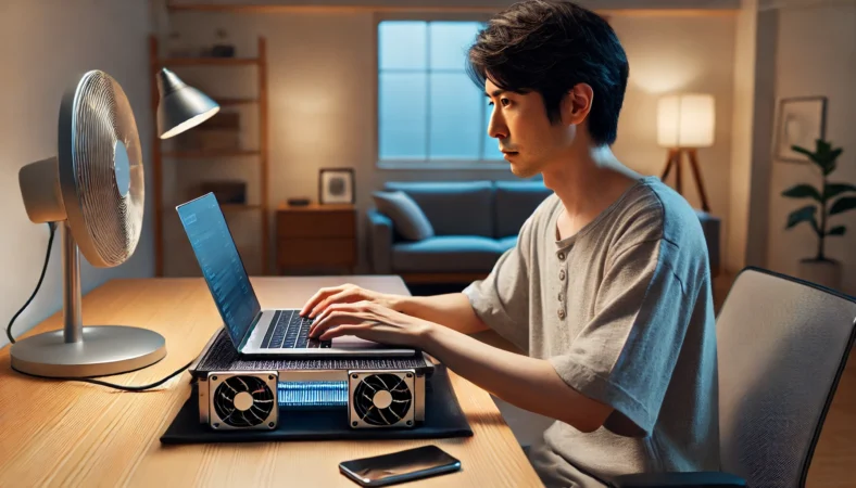 日本人男性が冷却パッドとスタンドを使ってノートPCを使用している様子。静かなファンと通気設計によって熱とファン音を軽減しており、デスクには電動エアダスターなどの冷却対策アイテムも置かれている。
