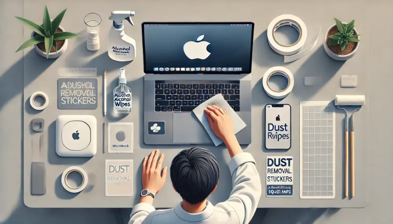 日本人が整った作業環境でMacBookの天板をマイクロファイバークロスで丁寧に清掃している様子。机上にはマスキングテープ、アルコールワイプ、ホコリ取りなど貼り付け準備に必要な道具が美しく配置されている。