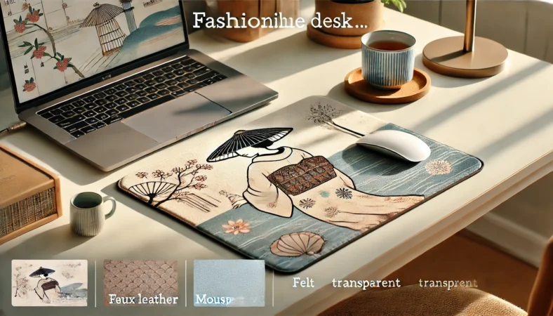 フェイクレザーやフェルト、透明PVCなどのデスクマットを使って快適な作業環境を整えた日本人のデスク風景イラスト。おしゃれで実用性の高い代用品として描かれている。