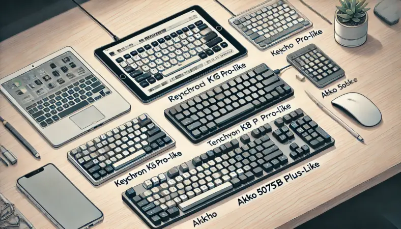 iPadのそばに、用途別におすすめされた3種類の有線キーボードが整然と並べられているイラスト。コンパクト、日本語配列、仕事向けのTKL、コスパ重視の3モード対応キーボードが、それぞれの特徴を反映した外観で描かれている。