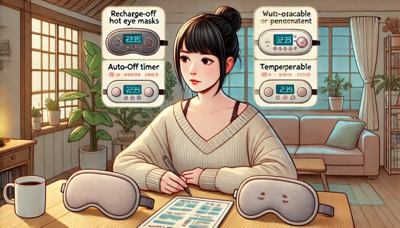 3種類の充電式ホットアイマスクを比較検討している日本人女性のイラスト。各製品の前には、自動オフタイマー、温度調整、洗えるカバーなどの視覚的なアイコンが並び、安全機能が明示されている。室内は温かみのある照明で整った家庭的な雰囲気。