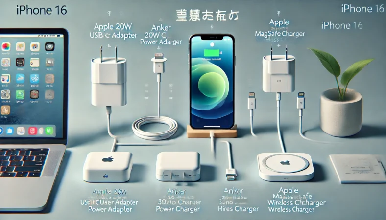 iPhone16の急速充電に最適な3種類の充電器(Apple 20W、Anker 30W Nano、Apple MagSafe)が、日本のモダンなデスク上に並べられているイラスト。各充電器の利用シーン(自宅、持ち運び、ワイヤレス)が視覚的に伝わる構成。