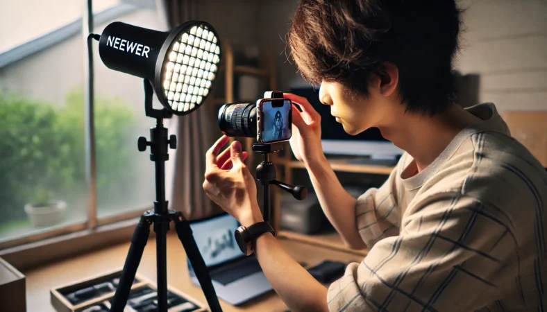 室内で日本人ユーザーがiPhone撮影用にNEEWERのLEDライトと三脚を使って環境を整えている様子。光と固定によって画質向上を狙ったセッティング風景。