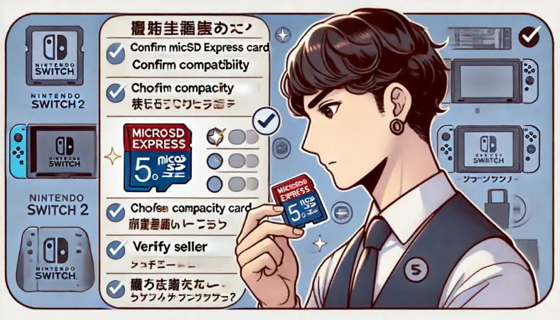 Nintendo Switch 2用microSD Expressカードを選ぶため、互換性・容量・販売元などのチェックリストを確認している日本人ユーザーのイラスト。安全で賢い買い物の象徴が背景に描かれている。