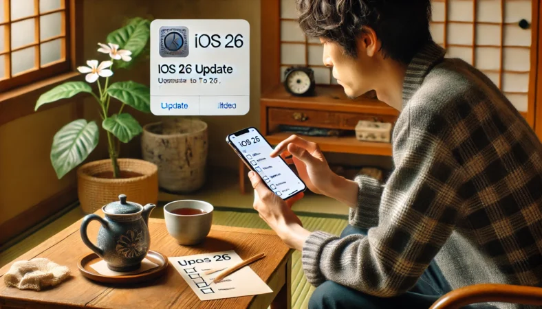 和室風の室内で、日本人ユーザーがiPhoneを手に取り、iOS26へのアップデート通知を見ながら真剣に判断している様子。テーブルにはお茶とチェックリストが置かれ、落ち着いた雰囲気の中でアップデートの是非を考えている場面。