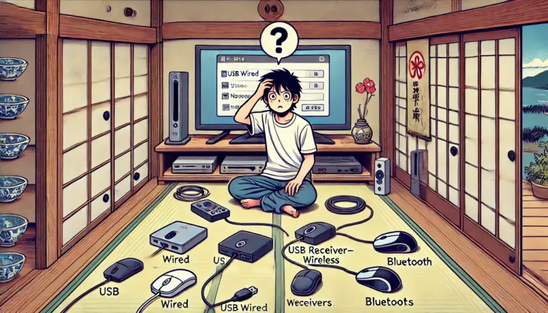 Nintendo Switchに複数のマウスを接続しようとしても反応がなく、困惑する日本人ユーザーが伝統的な和室で悩んでいる様子を描いたイラスト。デスク上にはUSB有線、レシーバー式無線、Bluetoothマウスが並び、TV画面には何も映っていない。