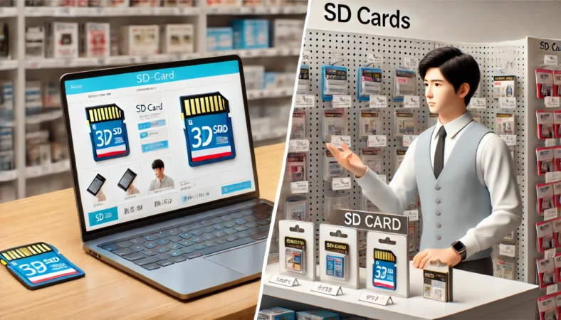 日本人の人物が信頼できる販売先を比較するため、ノートパソコンでSDカードをネット購入しようとする様子と、家電量販店で商品パッケージを手に取って確認している様子の対比。安全で信頼性のある購入先を視覚的に表現した画像。