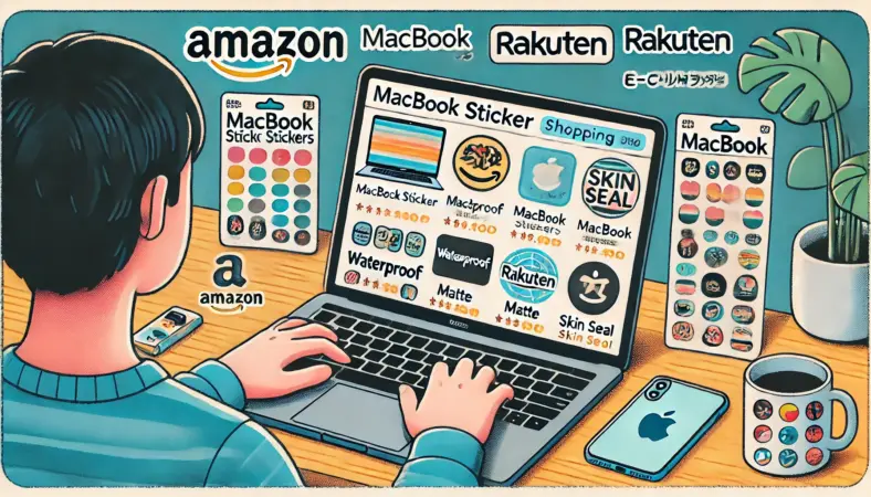 日本人が自宅でノートパソコンを使ってMacBookステッカーをオンラインで比較・購入している様子を描いたイラスト。Amazonや楽天、LOFTなどの通販サイトで防水・マット・スキンシールタイプのステッカーを検索中。落ち着いた和風の部屋で、快適なネットショッピングの雰囲気を表現。