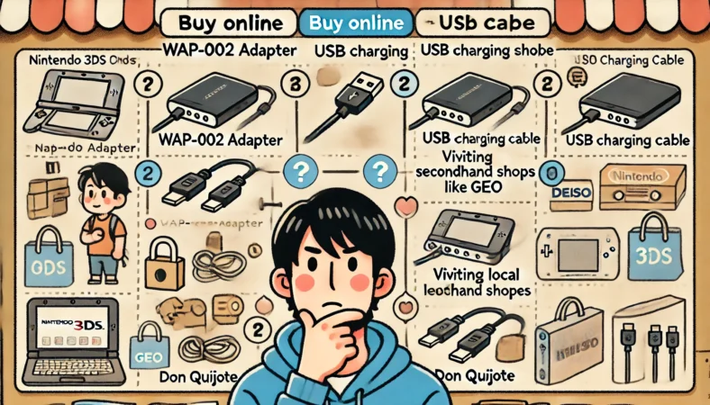 日本人ユーザーがWAP-002互換ACアダプター、USB充電ケーブル、中古ショップ、100均、ドンキなど複数の購入選択肢を比較しながら、3DSの充電器をどこで買うか検討している教育的なイラスト。