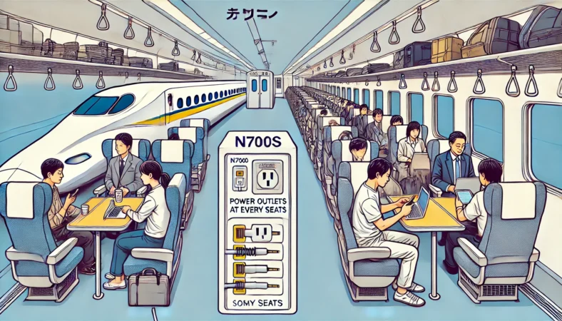 新幹線のぞみとひかりの車両の違いを比較したイラスト。左側ではN700Sのぞみ車両で全席にコンセントがある様子が描かれ、右側ではひかりの旧型車両で窓側や車端部のみ電源がある様子が対比的に描かれている。