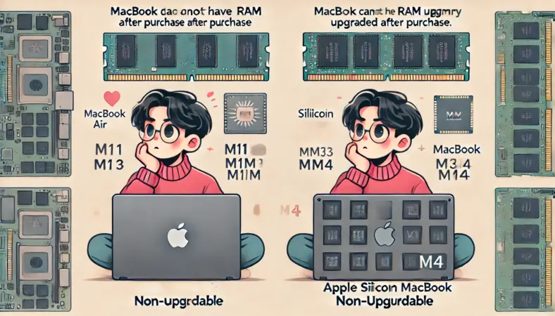 MacBook AirやAppleシリコン（M1/M2/M3/M4）モデルがメモリ増設できないことを示すイラスト。日本人の人物がMacBook Airを手にして困った表情を浮かべ、統合されたユニファイドメモリ構造が描かれている。