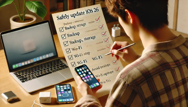 日本人ユーザーがiPhoneのiOSアップデート前に、チェックリストをもとに準備を進めている様子。充電されたiPhone、バックアップ済みのノートPC、ストレージ確認などの手順が整えられたデスクで、慎重に更新準備をしている場面。