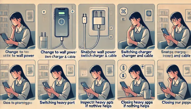 日本人のスマートフォンユーザーが、自宅で「充電しているのに減る」問題に対処するための6つのステップ（電源変更・充電器とケーブルの交換・端子確認・冷却・アプリ終了・修理検討）を順番に実行しているイラスト。