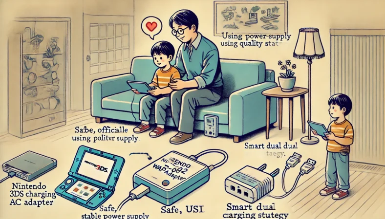日本人の親子がリビングでNintendo 3DSを使用しており、子どもは純正相当のWAP-002互換ACアダプターで安全に充電しながら遊んでいる。近くにはUSB充電環境も用意されており、安定性と予備の両立が視覚的に表現されたイラスト。